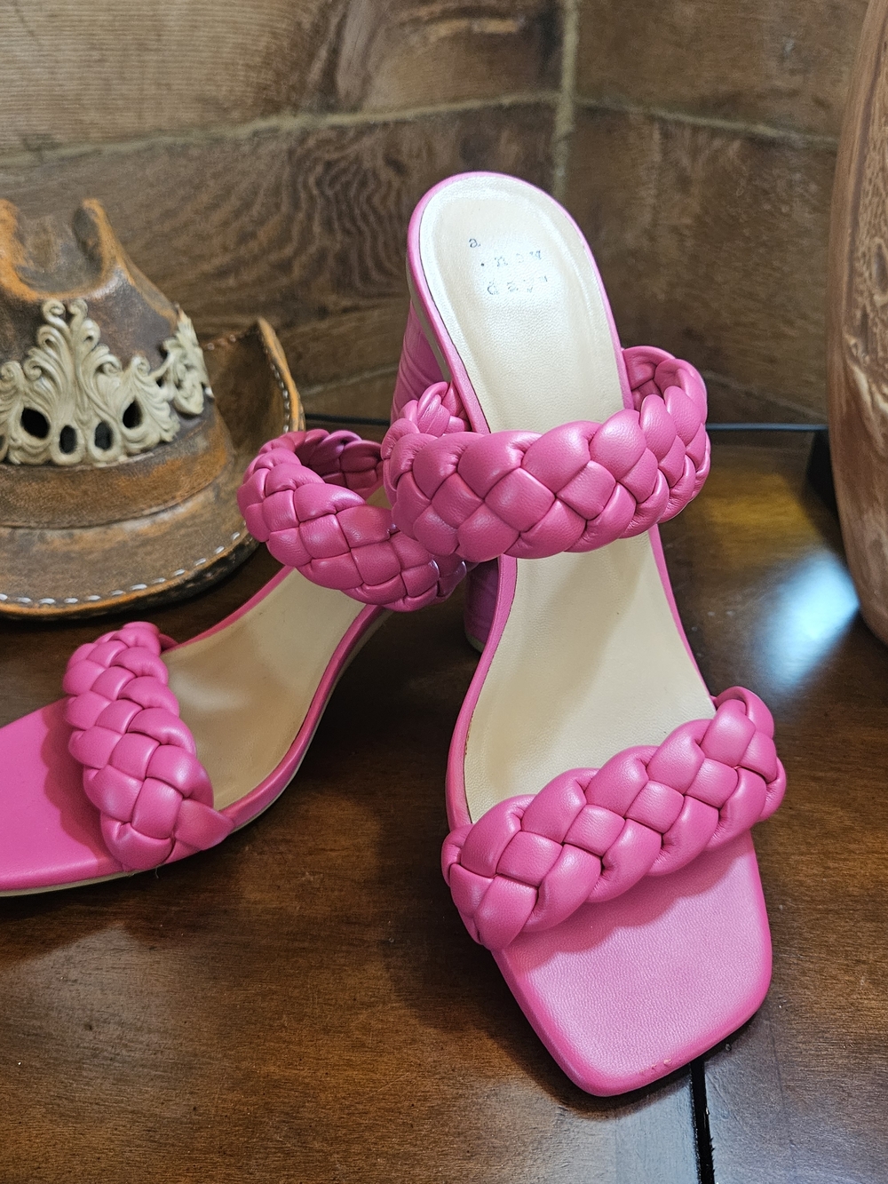 a new day Braided Double-Strap Hot Pink Block Heel Sandals